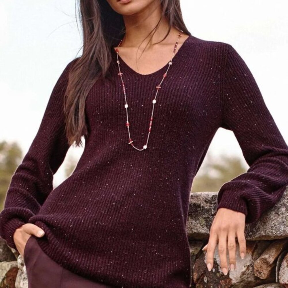 J. Jill Tweed V-Neck Sweater XL Cabernet Multi (Maroon/Wine Red/Purple)